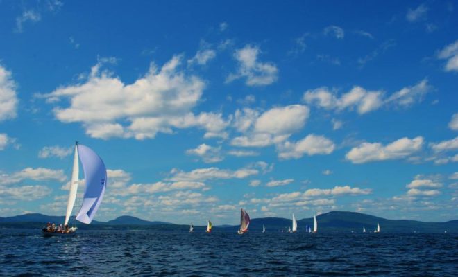 Perfect day, as competitors in the Penobscot Bay Rendezcous sail by the Camden hills.