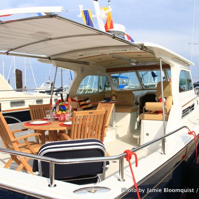 The sprawling aft deck on the new Downeast 37 practically begs for you to pull up a chair and relax.