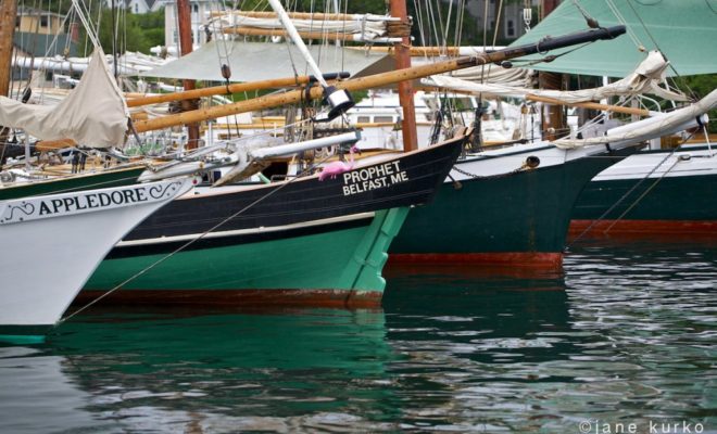 A trio of schooners (with a fourth in the background) tied up at the public landing in Camden for the Windjammer Festival.