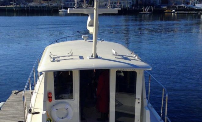 The aft cockpit of the newest Monhegan 42 is comfortable yet utilitarian.