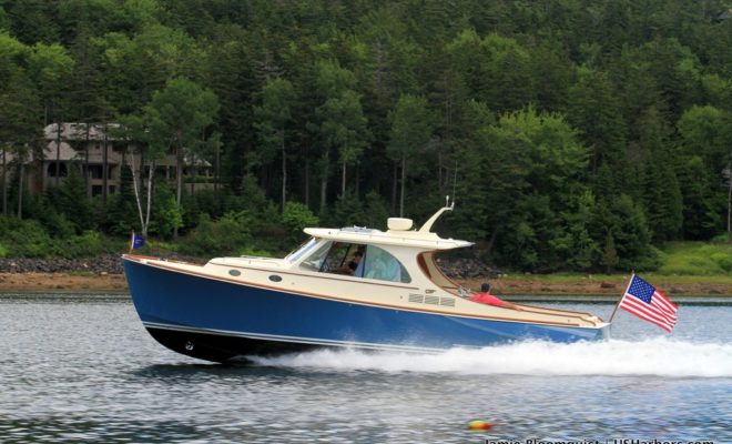 The brand-new Hinckley T34 charges up Somes Sound near Southwest Harbor, Maine.