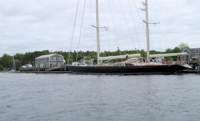 An impressive Hodgson-Built megayacht at Hodgdon Yacht Services' dock in Boothbay Harbor.