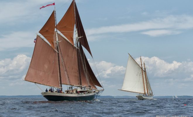ANGELIQUE chases down AMERICAN EAGLE on the broad reach down to Islesboro during the Great Schooner Race 2012.