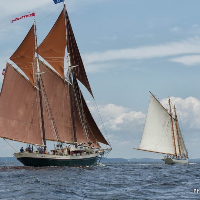 ANGELIQUE chases down AMERICAN EAGLE on the broad reach down to Islesboro during the Great Schooner Race 2012.