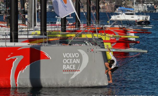 Watch crews doing last-minute tweaking of their yachts before they set out into the North Atlantic on May 17.