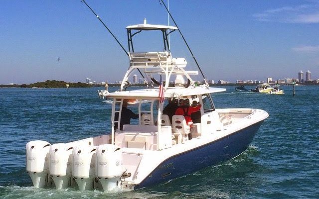 Four outboard engines. Now that's some serious fishing power on this big Everglades center-console!