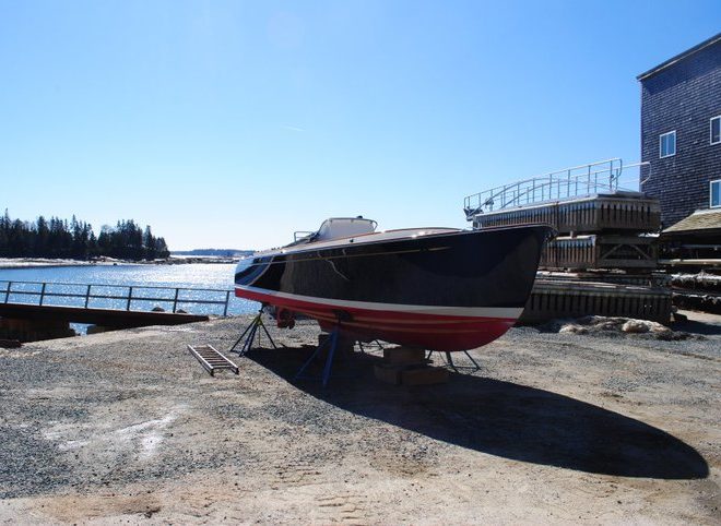 Awaiting launch at Brooklin Boatyard in Center Harbor.