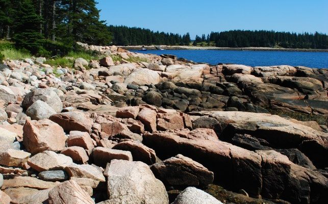 The western side of Swans Island is a great place to scamper around the rocks and explore.