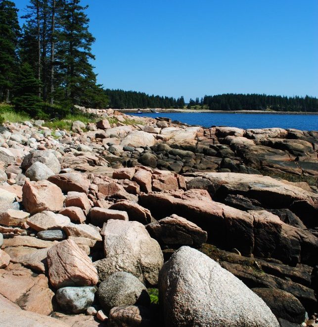 The western side of Swans Island is a great place to scamper around the rocks and explore.