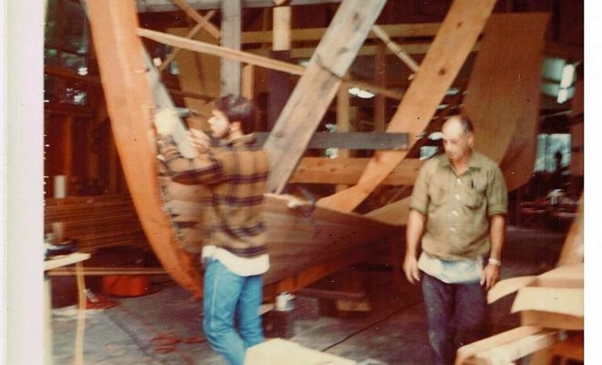 Hazel W III (now TWIST) under construction by Donald Wilcox, with son Albert, in 1973.