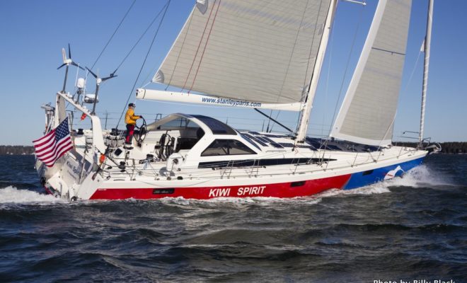 KIWI SPIRIT, a 63' yacht built by Lyman-Morse Boatbuilding Co., undergoing sea trials off Thomaston, Maine.