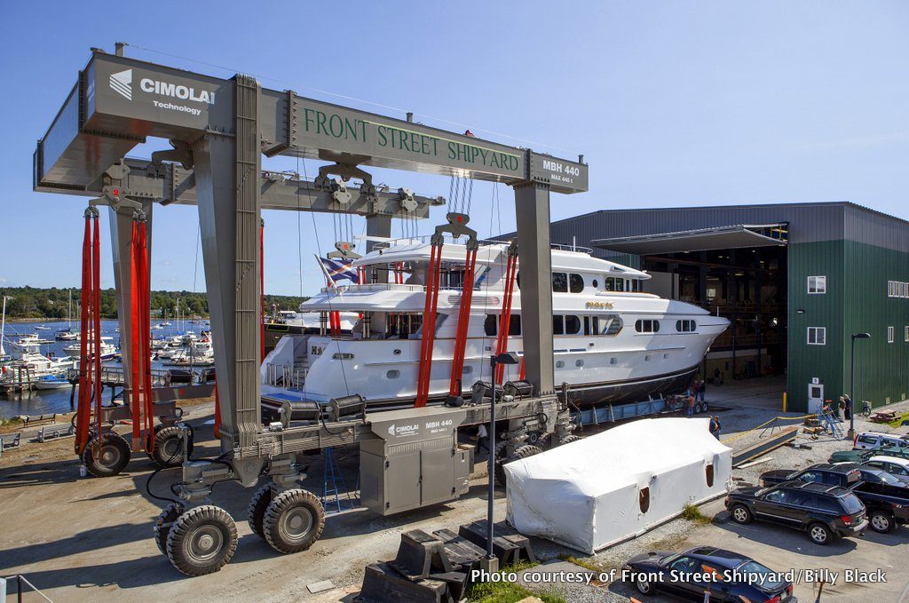 The 130' superyacht MAGIC heads into the building at Front Street Shipyard where it will undergo a significant refit.