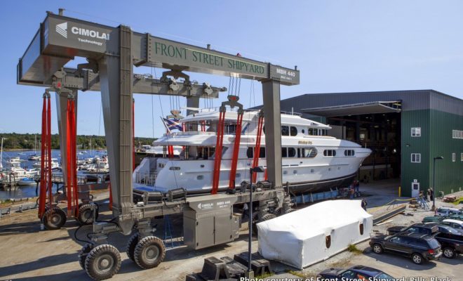 The 130' superyacht MAGIC heads into the building at Front Street Shipyard where it will undergo a significant refit.