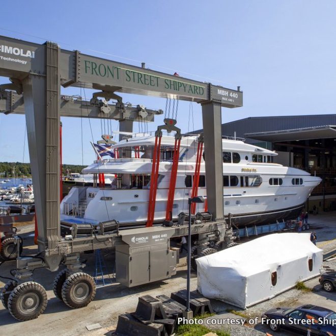 The 130' superyacht MAGIC heads into the building at Front Street Shipyard where it will undergo a significant refit.