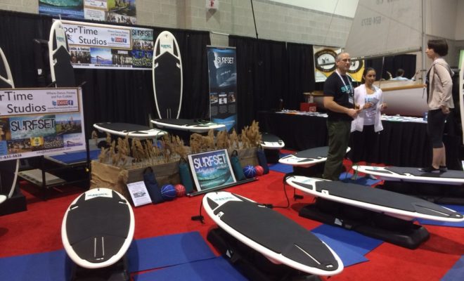 A unique simulator that allows show attendees to try the fast-growing sport of SUP, or Stand Up Paddleboarding.