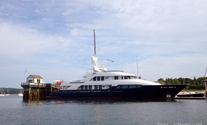 SLOJO, a 156' poweryacht entered in this year's Penobscot Bay Rendezvous, sits at Trident Yacht Basin in Rockland.
