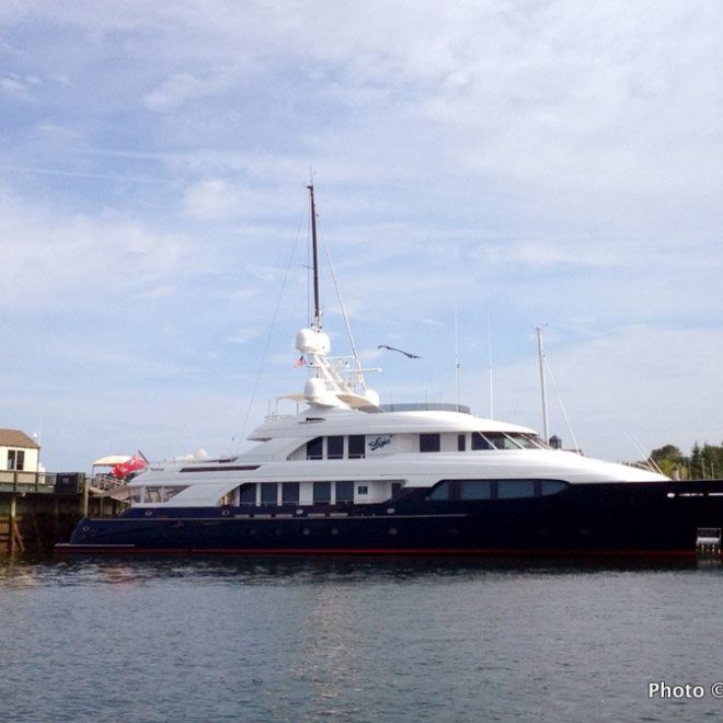 SLOJO, a 156' poweryacht entered in this year's Penobscot Bay Rendezvous, sits at Trident Yacht Basin in Rockland.