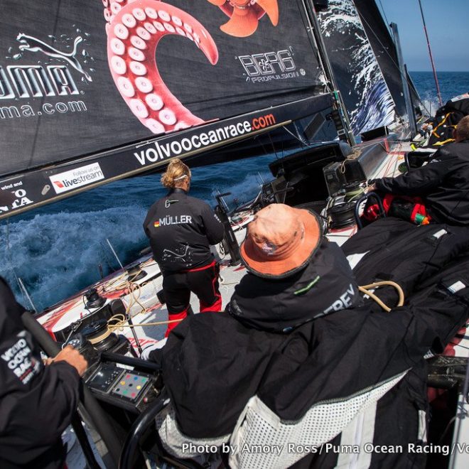 The crew of MAR MOSTRO enjoying high pressure on the approach to Lisbon, Portugal.
