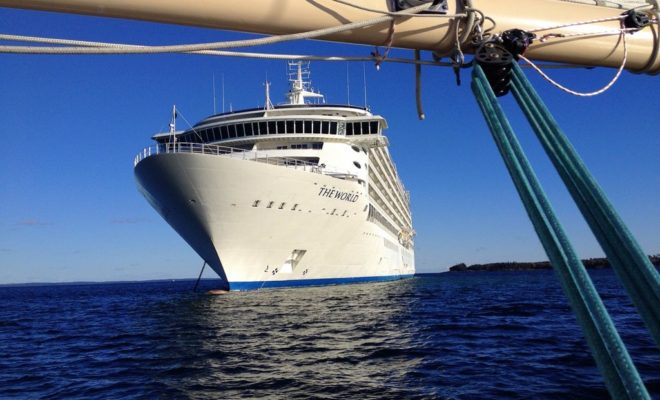 THE WORLD, a floating condominium, anchored just outside the breakwater in Rockland.