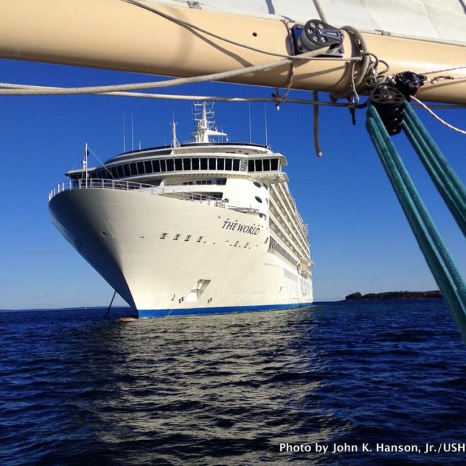 THE WORLD, a floating condominium, anchored just outside the breakwater in Rockland.