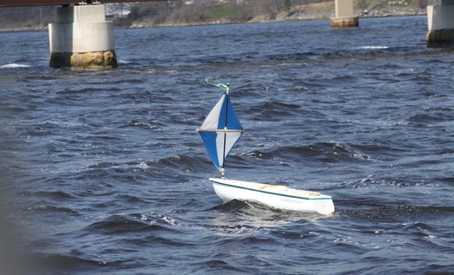 A mini-boat under sail in Belfast Harbor.