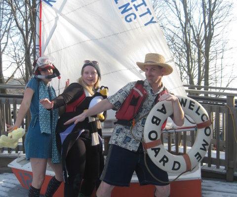 RCS High School Team sailor Elizabeth Sherfey, center, and friends preparing for the Jan 7 Polar Dip
