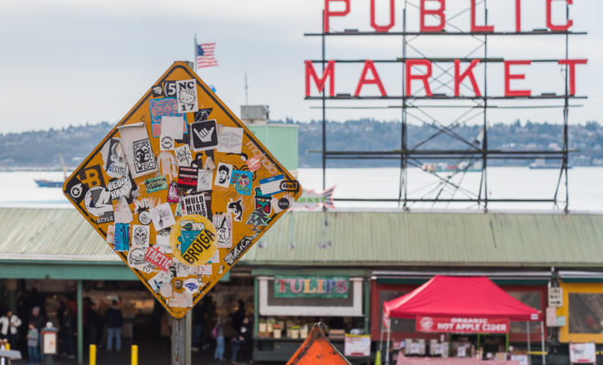 Pike Place Market along the Elliot Bay waterfront in downtown Seattle