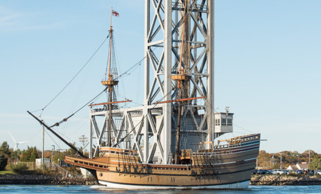 MAYFLOWER II passing under the Cape Cod Canal Railroad Bridge.