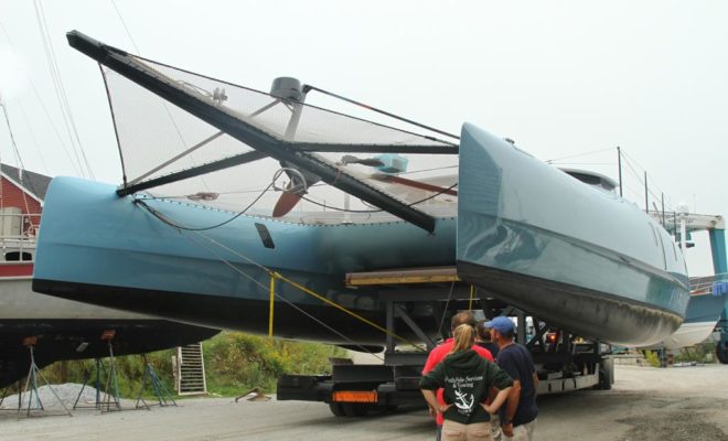 MOONWAVE, a 68' Gunboat catamaran, rests on Lyman-Morse's custom trailer.