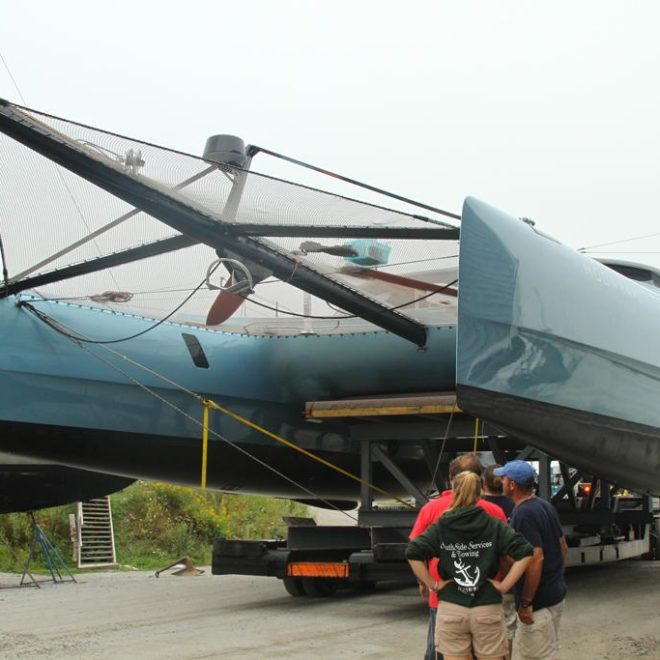 MOONWAVE, a 68' Gunboat catamaran, rests on Lyman-Morse's custom trailer.