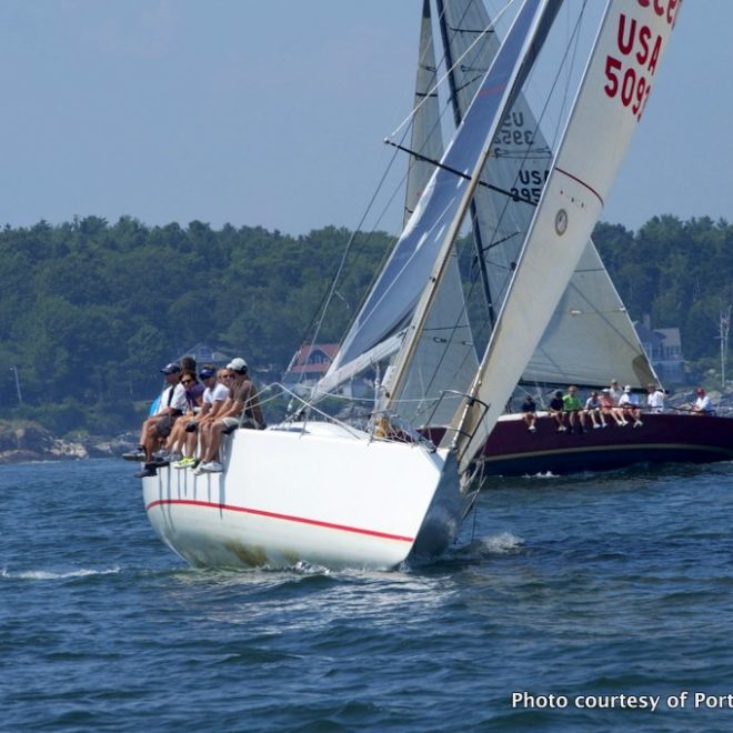 Sailing vessel BIG DOG PARTY and sailing vessel REVOLUTION XII tacking out of Hussey Sound in Casco Bay.