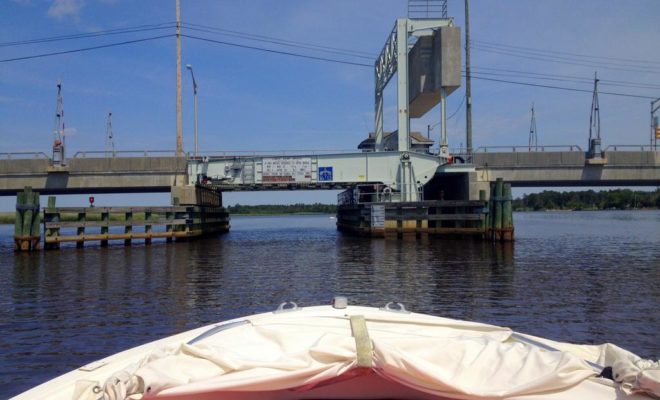 Approaching Lower Bank Bridge, clearance about 12', bridge open on demand.