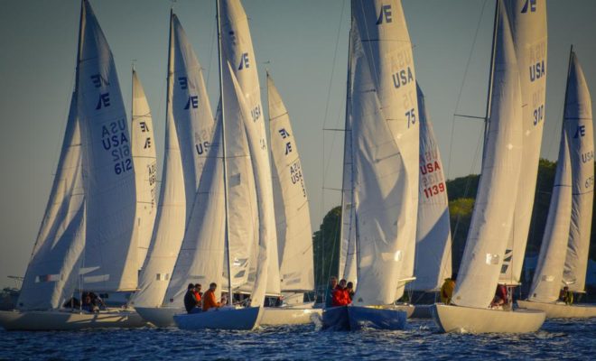 Seventeen Etchells crossing the starting line off Falmouth Foreside.