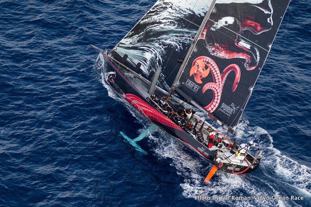 Leaders PUMA Ocean Racing powered by BERG pass the Great Isaac Light on the home stretch of leg 6 from Itajai, Brazil, to Miami.