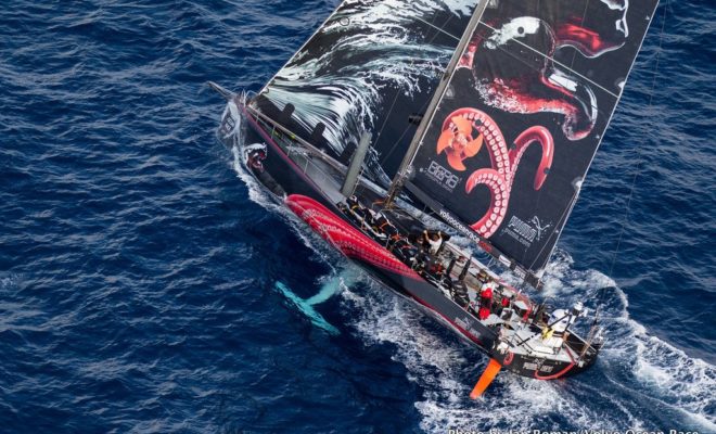 Leaders PUMA Ocean Racing powered by BERG pass the Great Isaac Light on the home stretch of leg 6 from Itajai, Brazil, to Miami.