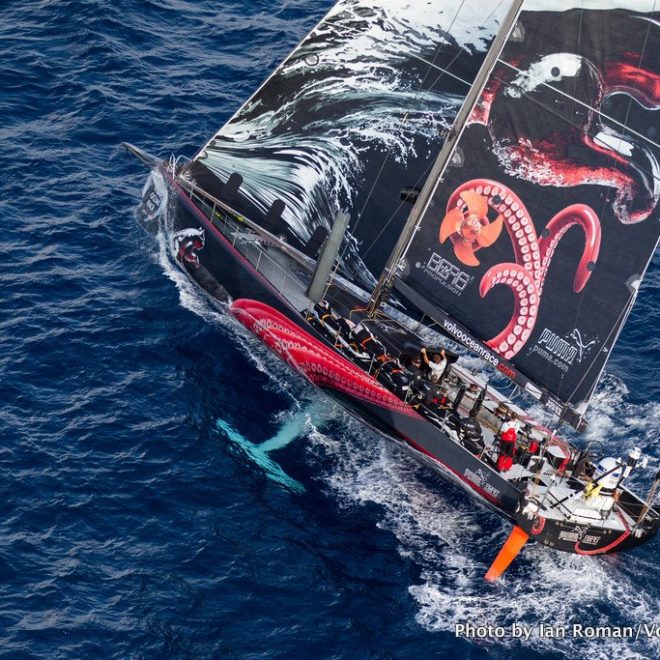 Leaders PUMA Ocean Racing powered by BERG pass the Great Isaac Light on the home stretch of leg 6 from Itajai, Brazil, to Miami.