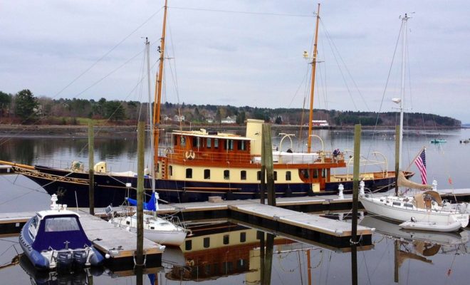 Atlantide, a 122-foot classic motoryacht built in 1930, tied up at Front Street Shipyard.