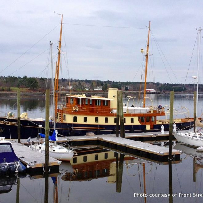 Atlantide, a 122-foot classic motoryacht built in 1930, tied up at Front Street Shipyard.