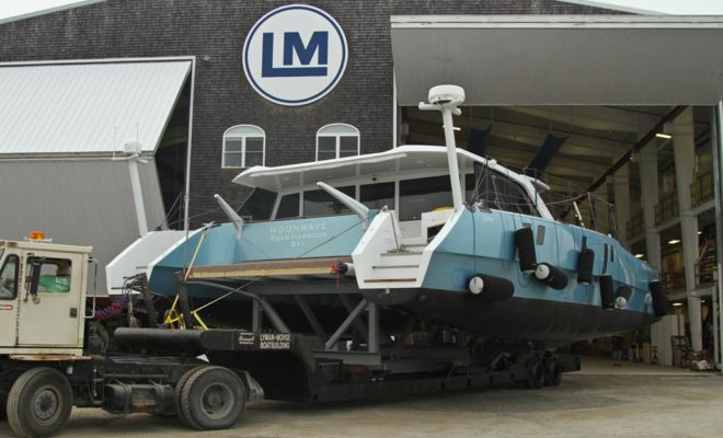 MOONWAVE enters the building at Lyman-Morse's yard in Thomaston, Maine.