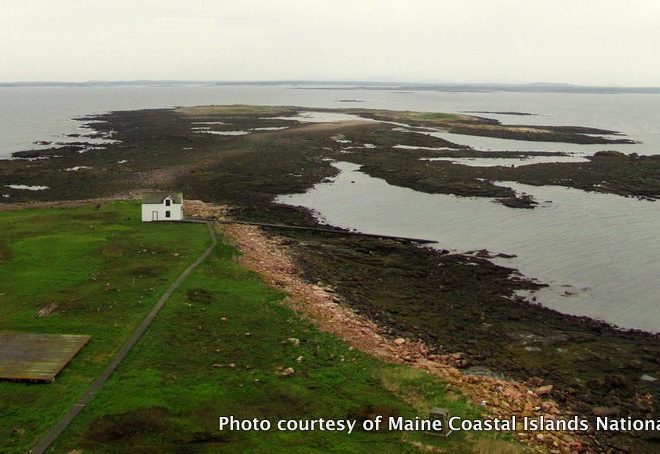 View from the top of the Petit Manan lighthouse of the boathouse and Green Island in the distance.
