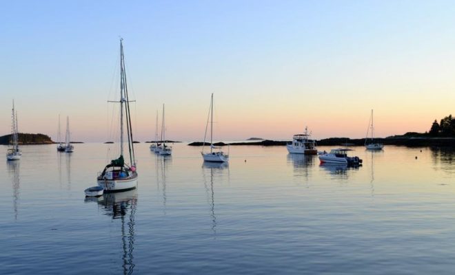 Sunset at Sebasco Harbor, just one of the many Maine coves that the Thuotte family has enjoyed aboard CONTRAILS.