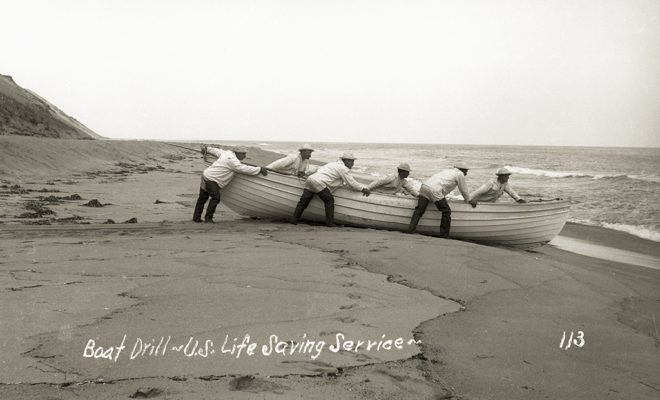 A six-man drill crew with surf boat.