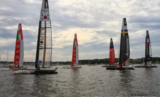 At the end of the day, the America's Cup World Series catamarans are moored in full sight of spectators in Newport.