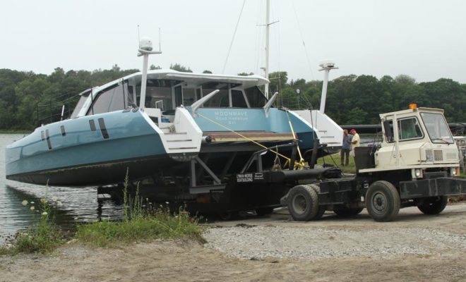 Hauling a large catamaran like MOONWAVE is a complex affair.