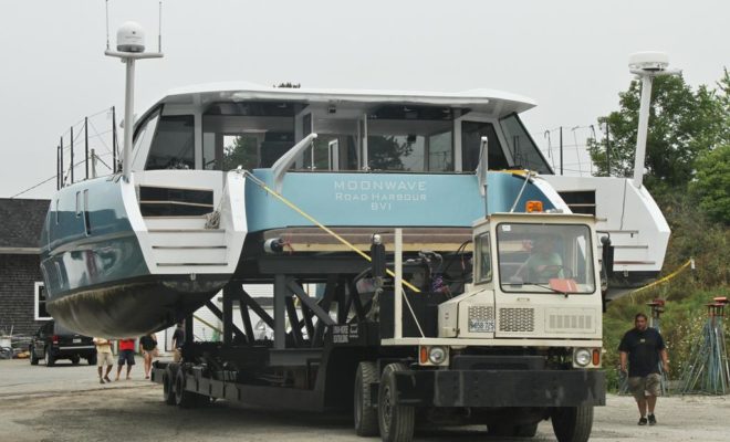 Steady as she goes. MOONWAVE is hauled for some upgrades at Lyman-Morse Boatbuilding Co.