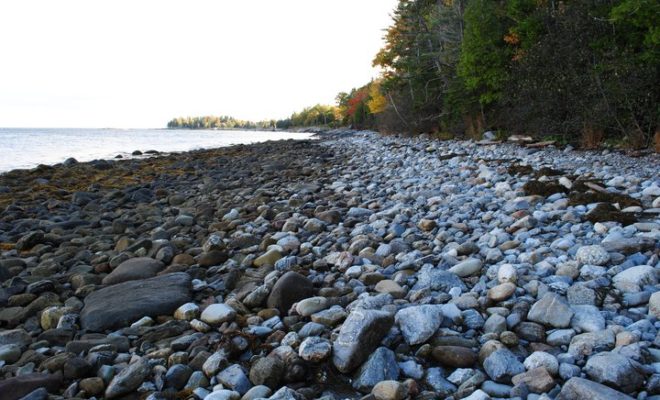 The rocky beach at the end of the Aldermere Farm path has an amazing view across to the outer islands of Penobscot Bay.