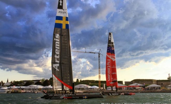 A pair of AC45 catamarans moored off Fort Adams in Newport in 2012. The city is once again vying to host the America's Cup.