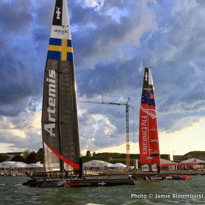 A pair of AC45 catamarans moored off Fort Adams in Newport in 2012. The city is once again vying to host the America's Cup.