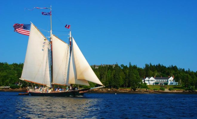 Dark Harbor days. The schooner STEPHEN TABER passes through Islesboro.