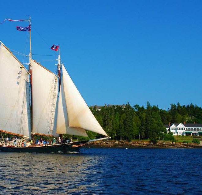 Dark Harbor days. The schooner STEPHEN TABER passes through Islesboro.